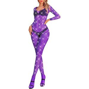 🆕Women Purple Classic Fishnet Body Stocking Lingerie Sparkle Stocking One Piece